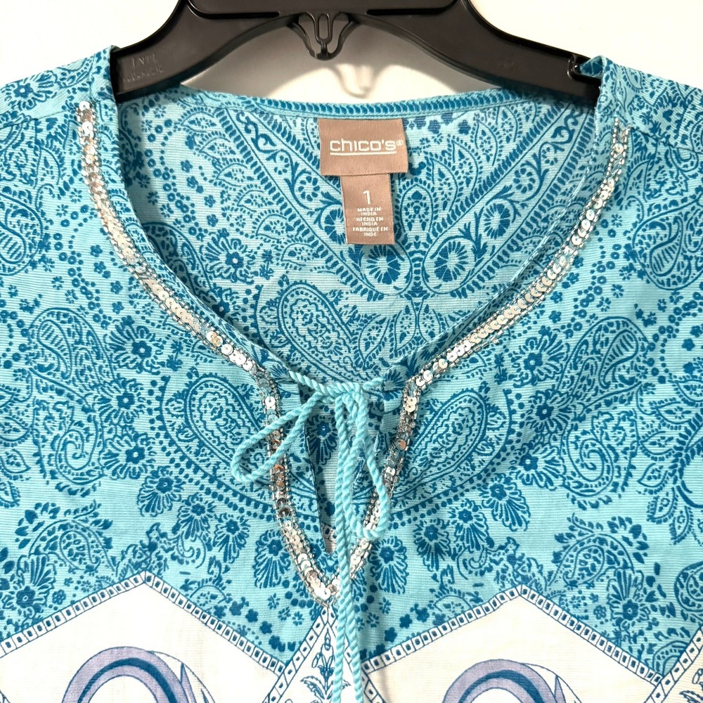 Chicos Womens Blue Paisley Cotton Tunic Top Sequin V-Neck Tassel Size 1 Medium - Picture 3 of 15